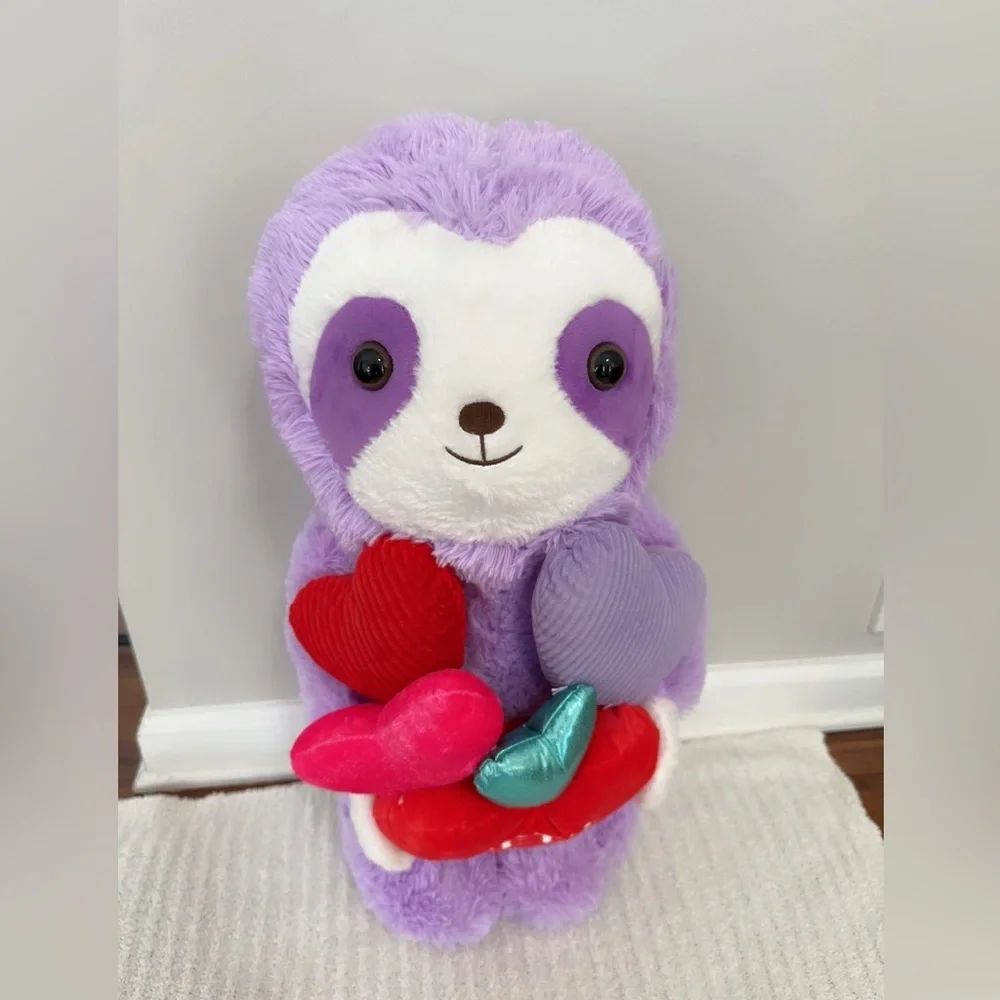 NWOT Purple Sloth Plush Decor with Colorful Hearts